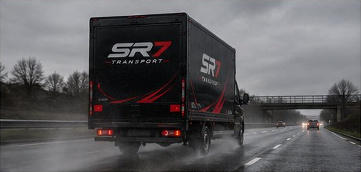 SR7 Transport branded Luton van driving on the motorway